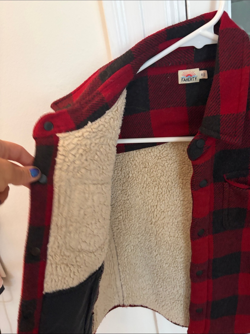 Faherty Kids Red and Black Buffalo Plaid Sherpa-Lined Shacket - Picture 3 of 4
